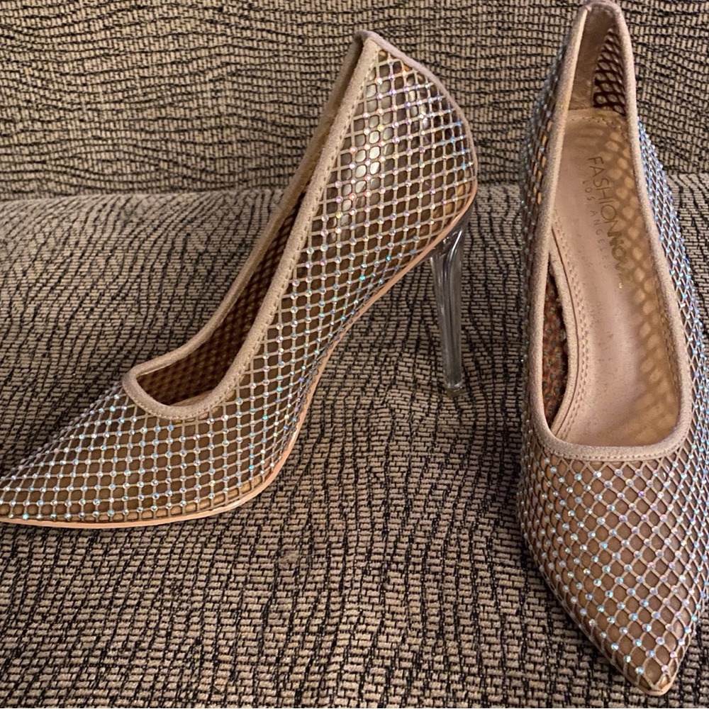 Fashion Nova Tan Stiletto Heels with Mesh Design